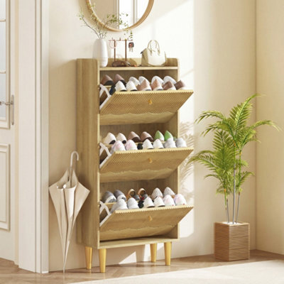 Homcom Narrow Shoe Cabinet, Shoe Storage Cabinet With 3 Flip Drawers, Oak - image 1