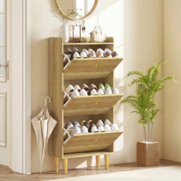 Homcom Narrow Shoe Cabinet, Shoe Storage Cabinet With 3 Flip Drawers, Oak - thumbnail 1