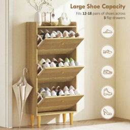 Homcom Narrow Shoe Cabinet, Shoe Storage Cabinet With 3 Flip Drawers, Oak - thumbnail 5