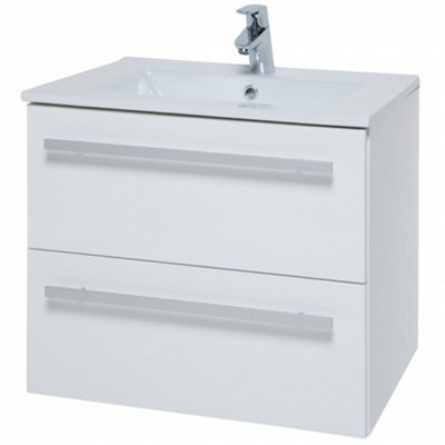 Clifton Bathroom 2-Drawer Wall Hung Vanity Unit With Ceramic Basin 600mm Wide - White  - Brassware Not Included - image 1