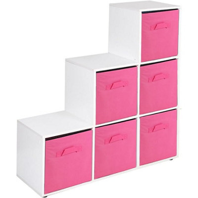 Urbn-Living Urbnliving 91Cm Height 6 Cube Step White Storage Bookcase Unit Shelf Dark Pink Drawers Baskets - image 1