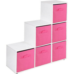 Urbn-Living Urbnliving 91Cm Height 6 Cube Step White Storage Bookcase Unit Shelf Dark Pink Drawers Baskets
