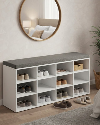 LEDREM Shoe Bench, Storage Bench With Padded Seat, With Cushion, 12 Compartments, Adjustable Shelves, For Living Room, Hallway, White