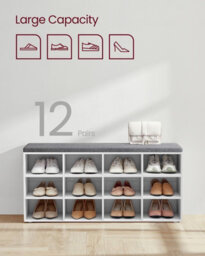 LEDREM Shoe Bench, Storage Bench With Padded Seat, With Cushion, 12 Compartments, Adjustable Shelves, For Living Room, Hallway, White - thumbnail 4
