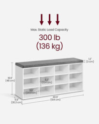 LEDREM Shoe Bench, Storage Bench With Padded Seat, With Cushion, 12 Compartments, Adjustable Shelves, For Living Room, Hallway, White - thumbnail 5