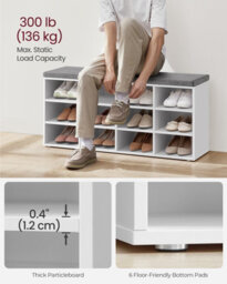 LEDREM Shoe Bench, Storage Bench With Padded Seat, With Cushion, 12 Compartments, Adjustable Shelves, For Living Room, Hallway, White - thumbnail 3