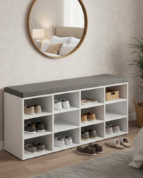 LEDREM Shoe Bench, Storage Bench With Padded Seat, With Cushion, 12 Compartments, Adjustable Shelves, For Living Room, Hallway, White - thumbnail 1