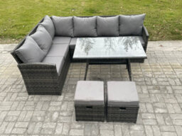 Fimous Wicker Rattan Garden Furniture Corner Sofa Set With Oblong Dining Table 2 Small Footstools 8 Seater - thumbnail 2