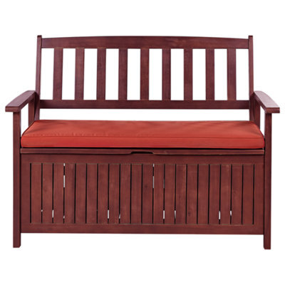 Beliani Garden Bench With Cushion Sovana 120 Cm With Storage Acacia Wood Red - image 1