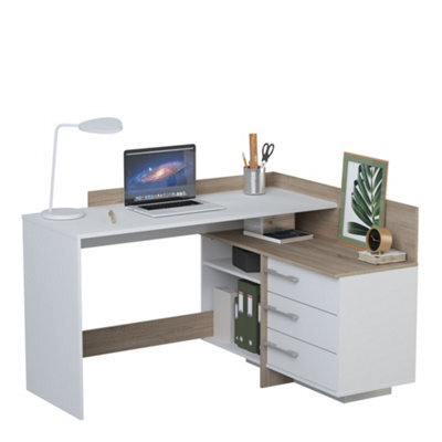 FurniComp LTD Furnicomp Lexi 3 Drawer Matt White And Oak Corner Office Desk With Hutch - image 1