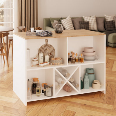 Kitchen Island With Storage, 127 Freestanding Unit With Open Shelving And Wine Rack, Modern Dining Island (Oak&white, Monet) - image 1