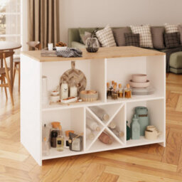 Kitchen Island With Storage, 127 Freestanding Unit With Open Shelving And Wine Rack, Modern Dining Island (Oak&white, Monet) - thumbnail 1