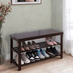 BMBO Wooden 3 Tier Shoe Storage Bench For Hallway Dark Brown - thumbnail 2