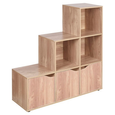 Urbn-Living Urbnliving Height 90.5Cm 6 Cube Step Storage Oak Bookcase With Doors For Home Office Organizer Display Shelf Unit - image 1