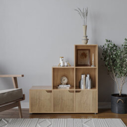 Urbn-Living Urbnliving Height 90.5Cm 6 Cube Step Storage Oak Bookcase With Doors For Home Office Organizer Display Shelf Unit - thumbnail 2