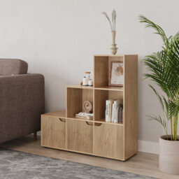 Urbn-Living Urbnliving Height 90.5Cm 6 Cube Step Storage Oak Bookcase With Doors For Home Office Organizer Display Shelf Unit - thumbnail 3