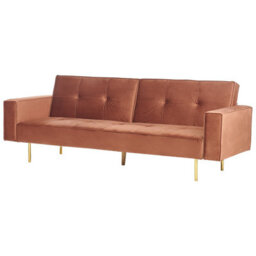 Beliani Sofa Bed 3 Seater Visnes Velvet Golden Brown - thumbnail 5