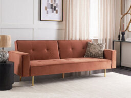Beliani Sofa Bed 3 Seater Visnes Velvet Golden Brown - thumbnail 2