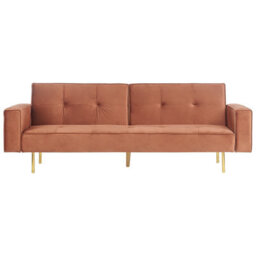 Beliani Sofa Bed 3 Seater Visnes Velvet Golden Brown - thumbnail 1