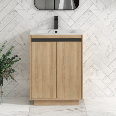 Royal Bathrooms Orion 600mm Natural Oak 2 Door Floor Standing Bathroom Vanity Unit With Carrara White Basin & Black Accent Trim - image 1