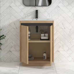 Royal Bathrooms Orion 600mm Natural Oak 2 Door Floor Standing Bathroom Vanity Unit With Carrara White Basin & Black Accent Trim - thumbnail 4