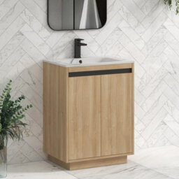 Royal Bathrooms Orion 600mm Natural Oak 2 Door Floor Standing Bathroom Vanity Unit With Carrara White Basin & Black Accent Trim - thumbnail 6