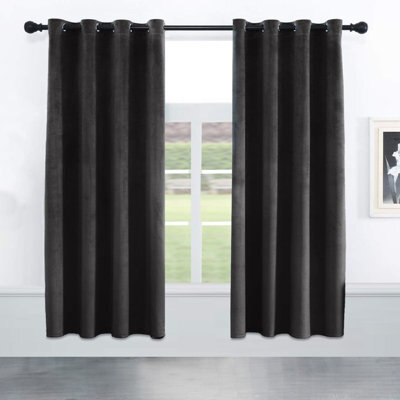 Oxford Homeware Eyelet Velvet Curtains Black Fully Lined Blackout Thermal Insulated Eyelet Curtains Pair (W)168Cm X (L)137Cm - image 1