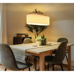Luminosa Lighting Luminosa Jannie Bar Pendant Ceiling Light Wood Brown, Linen Shade, 3X E27 - thumbnail 2
