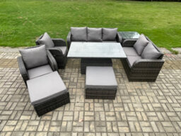 Fimous Outdoor Rattan Furniture Garden Dining Set Adjustable Rising Lifting Table Reclining Chair Sofa With Side Table - thumbnail 1