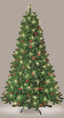 Shatchi 8Ft Pre-Lit Artificial Christmas Tree Fir Green Tips Red Berries Warm White Leds Xmas Home Decorations Metal Stand - image 1