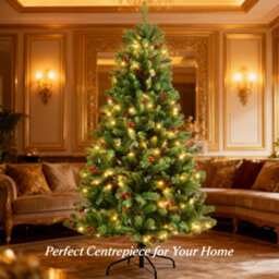 Shatchi 8Ft Pre-Lit Artificial Christmas Tree Fir Green Tips Red Berries Warm White Leds Xmas Home Decorations Metal Stand - thumbnail 8