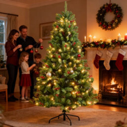 Shatchi 8Ft Pre-Lit Artificial Christmas Tree Fir Green Tips Red Berries Warm White Leds Xmas Home Decorations Metal Stand - thumbnail 9