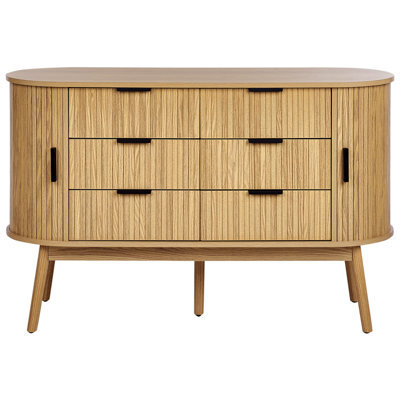 Wyld and Coco Novafurn 6-Drawer Chest In Light Brown With Solid Pine Legs And Two Sliding Doors - W120 X D40 X H75Cm - image 1