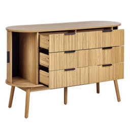 Wyld and Coco Novafurn 6-Drawer Chest In Light Brown With Solid Pine Legs And Two Sliding Doors - W120 X D40 X H75Cm - thumbnail 7