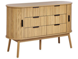 Wyld and Coco Novafurn 6-Drawer Chest In Light Brown With Solid Pine Legs And Two Sliding Doors - W120 X D40 X H75Cm - thumbnail 3