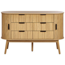 Wyld and Coco Novafurn 6-Drawer Chest In Light Brown With Solid Pine Legs And Two Sliding Doors - W120 X D40 X H75Cm - thumbnail 1