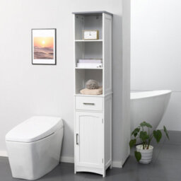 Kleankin Tall Bathroom Storage Cabinet, Slim Freestanding Linen Tower, White