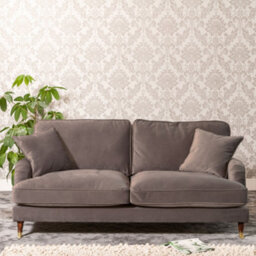 Mackenzie 188Cm Wide Mole Taupe 3 Seat Velvet Fabric Sofa With Brass Coloured Wheel Tipped Walnut Coloured Wooden Legs