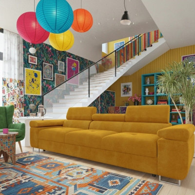 Torezio 3 Seater Sofa Bed With Adjustable Headrests And Dolphin Pull Out Mechanism Mustard - image 1