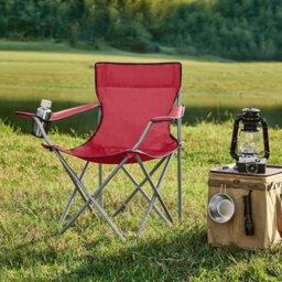 Songmics Duo Of Folding Camping Chairs, Outdoor Seats With Drink Holder And Armrests, Solid Frame, Red