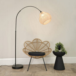 Valuelights Louis Black Arched Curved Floor Lamp With Rattan Teardrop Lamp Shade And Led Bulb