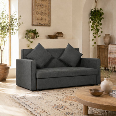 Wyld Haus Takala Nele Snow Flannel Dark Grey 2-Seater Sofa Bed With Hidden Storage And Cushions - image 1