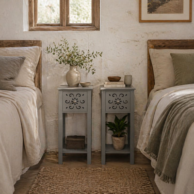 Wyld Haus Elne Set Of 2 Grey Wooden Floral Cut-Out Accent Side Tables - Tall Slim End Tables With Drawer And Shelf - image 1