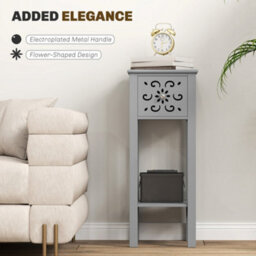 Wyld Haus Elne Set Of 2 Grey Wooden Floral Cut-Out Accent Side Tables - Tall Slim End Tables With Drawer And Shelf - thumbnail 4