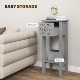 Wyld Haus Elne Set Of 2 Grey Wooden Floral Cut-Out Accent Side Tables - Tall Slim End Tables With Drawer And Shelf - thumbnail 5