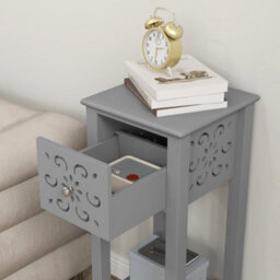 Wyld Haus Elne Set Of 2 Grey Wooden Floral Cut-Out Accent Side Tables - Tall Slim End Tables With Drawer And Shelf - thumbnail 7