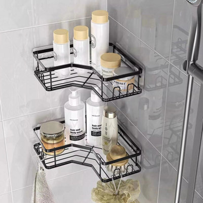 Living And Home 3 Piece Wall Mount Corner Shower Caddy Set Black Metal No Drill Bathroom Organizer With Side Hooks - image 1