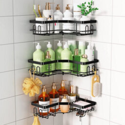 Living And Home 3 Piece Wall Mount Corner Shower Caddy Set Black Metal No Drill Bathroom Organizer With Side Hooks - thumbnail 2