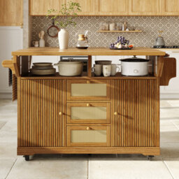 Matteo Foldable Kitchen Island Serving Trolley With Pe Rattan Drawers - Dark Brown - thumbnail 4