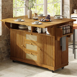 Matteo Foldable Kitchen Island Serving Trolley With Pe Rattan Drawers - Dark Brown - thumbnail 3